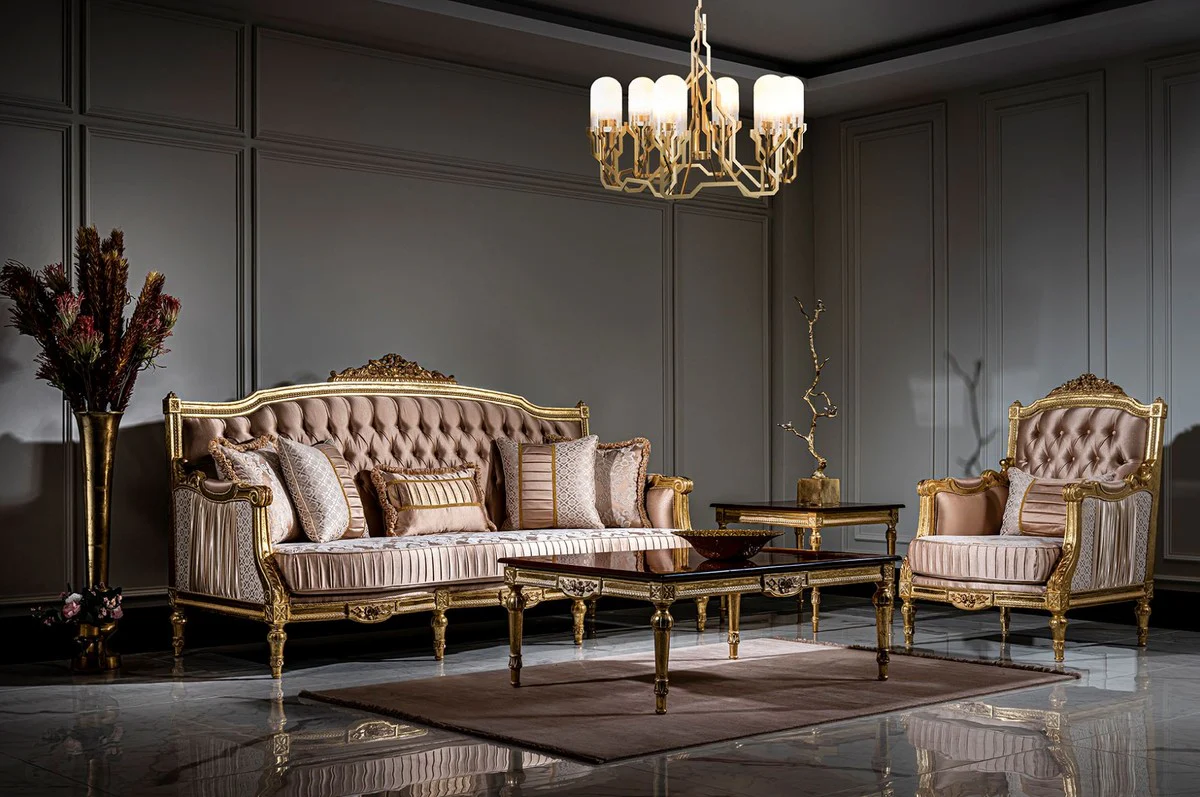 Luxus Barock Wohnzimmer Set Rosa / Weiß / Gold - 2 Sofas & 2 Sessel & 1 Couchtisch - Prunkvolle Wohnzimmer Möbel im Barockstil