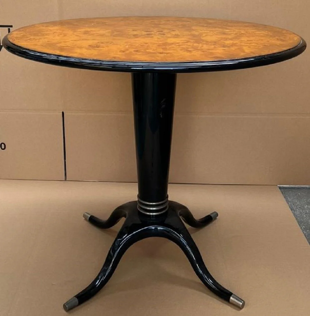 Luxus Esstisch Vogelaugenahorn Braun / Schwarz / Silber Ø 79 x H. 71 cm - Runder Massivholz Esszimmertisch - Esszimmer Möbel - Luxus Möbel