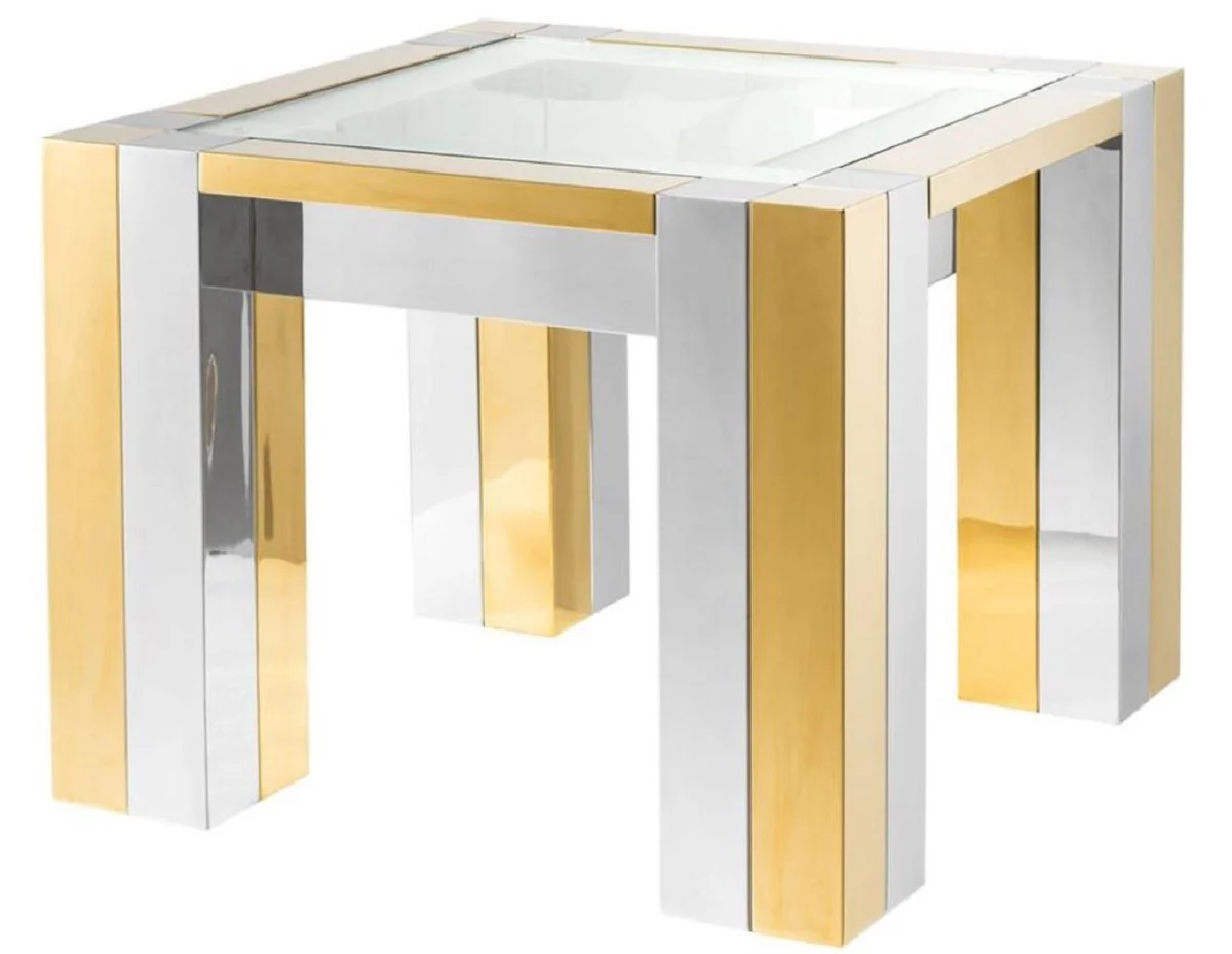 Luxus Edelstahl Beistelltisch Silber / Gold 65 x 65 x H. 50 cm - Designer Beistelltisch mit Glasplatte