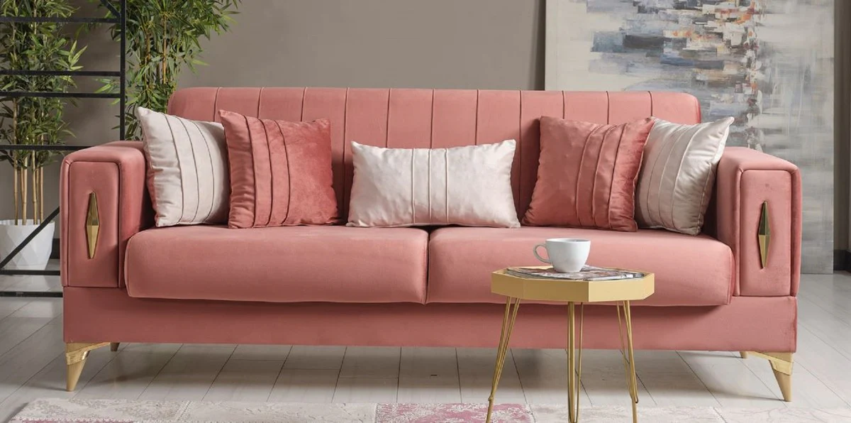 Luxus Schlafsofa Rosa / Gold 222 x 93 x H. 87 cm - Wohnzimmer Sofa mit 5 Kissen - Luxus Wohnzimmer Möbel
