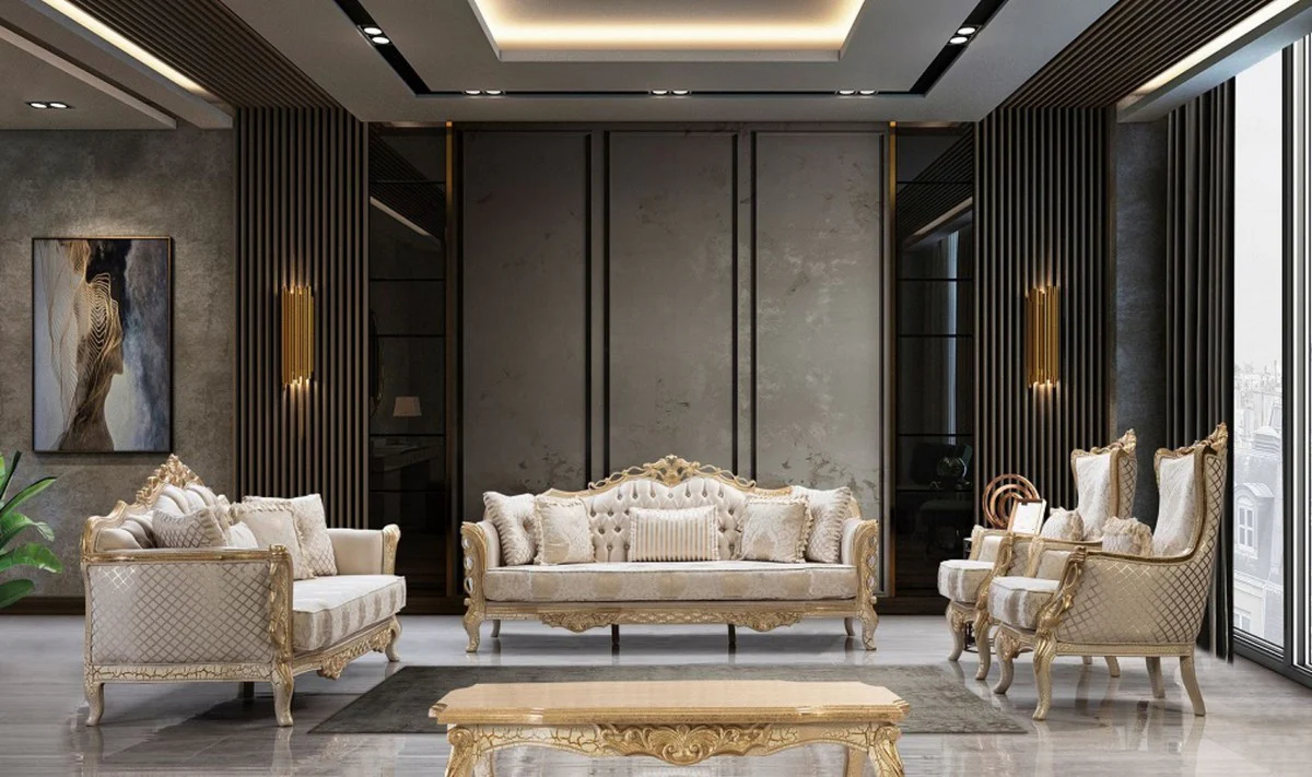 Luxus Barock Couchtisch Antik Gold / Weiß 120 cm - Barockstil Wohnzimmer Möbel