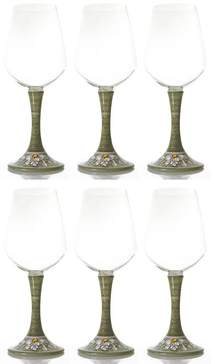 Luxus Weinglas 6er Set Olivgrün / Mehrfarbig H. 23,5 cm - Handgefertigte & handbemalte Weingläser - Hotel & Restaurant Accessoires - Luxus Qualität - Made in Italy