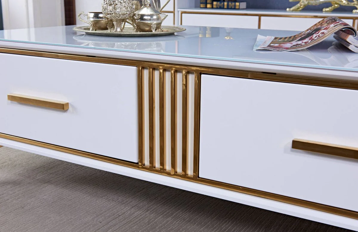 Luxus Couchtisch Weiß / Gold 130 x 70 x H. 41 cm - Moderner Wohnzimmertisch mit 2 Schubladen - Moderne Wohnzimmer Möbel