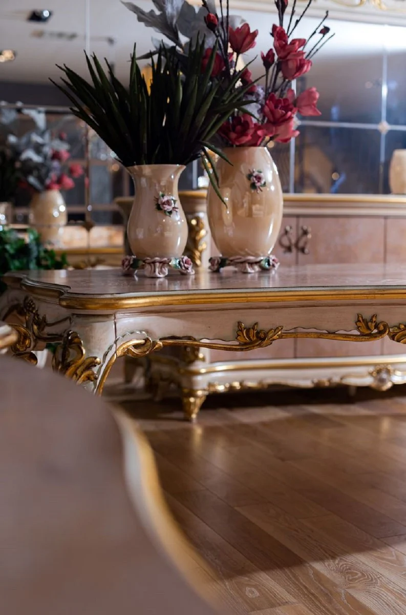 Luxus Barock Esstisch Beige / Weiß / Gold - Prunkvoller Massivholz Esszimmertisch im Barockstil - Barock Esszimmer Möbel