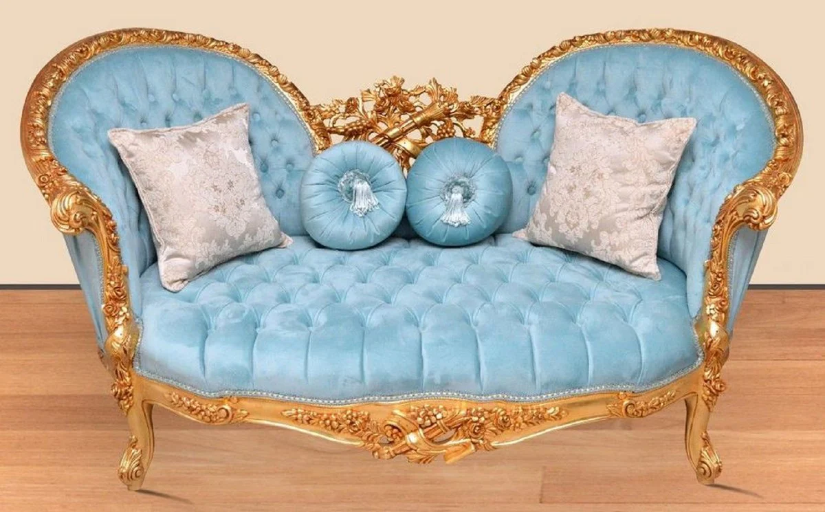 Barock Sofa Hellblau / Gold - Handgefertigtes Wohnzimmer Sofa im Barockstil - Prunkvolle Barock Wohnzimmer Möbel