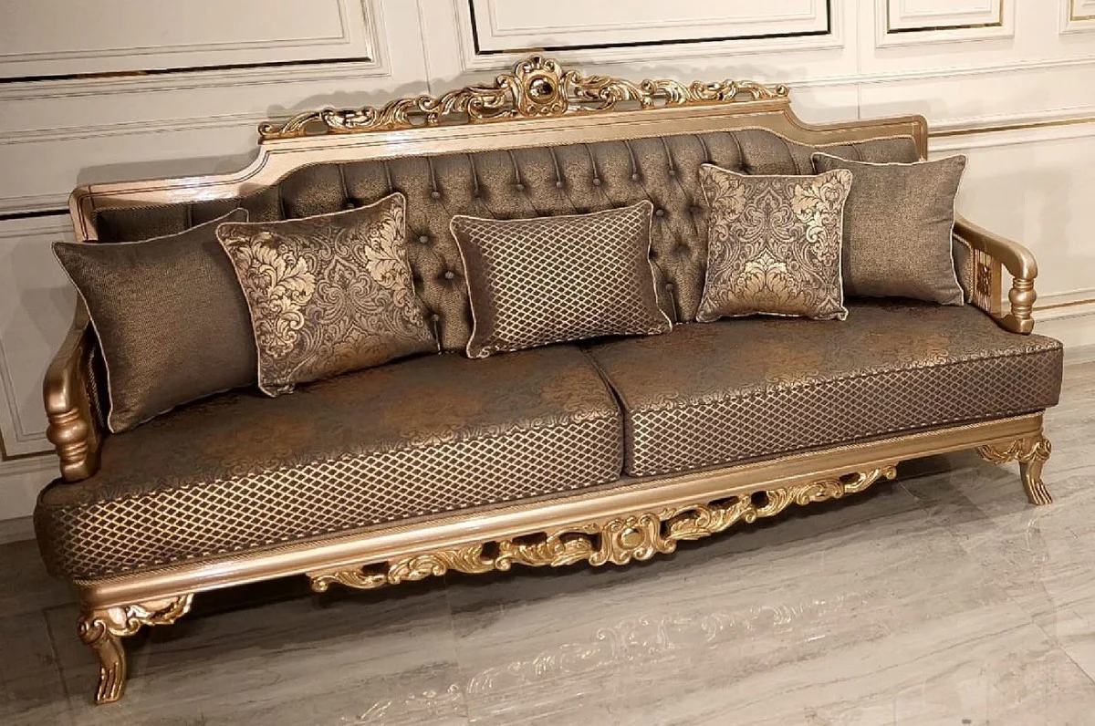 Luxus Barock Wohnzimmer Sofa Grau / Gold - Handgefertigtes Barockstil Sofa - Luxus Wohnzimmer Möbel im Barockstil - Barock Möbel - Edel & Prunkvoll