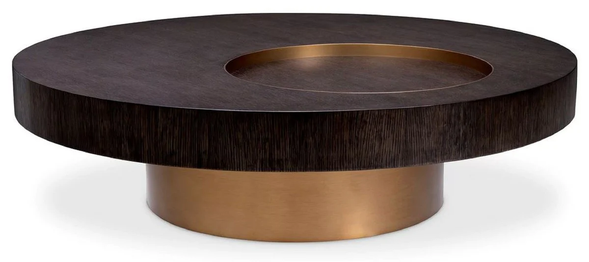 Luxus Couchtisch Mokka / Messing Ø 110 x H. 30,5 cm - Runder Wohnzimmertisch - Wohnzimmer Möbel - Massivholz Möbel - Luxus Möbel - Luxus Einrichtung