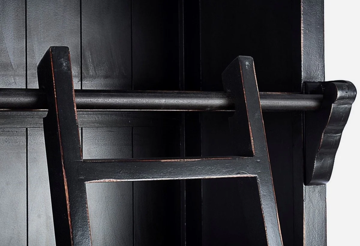 Landhausstil Schrank mit Leiter Antik Schwarz 143,5 x 40,6 x H. 233,7 cm - Bücherschrank - Regalschrank - Wohnzimmerschrank - Büroschrank - Landhausstil Möbel