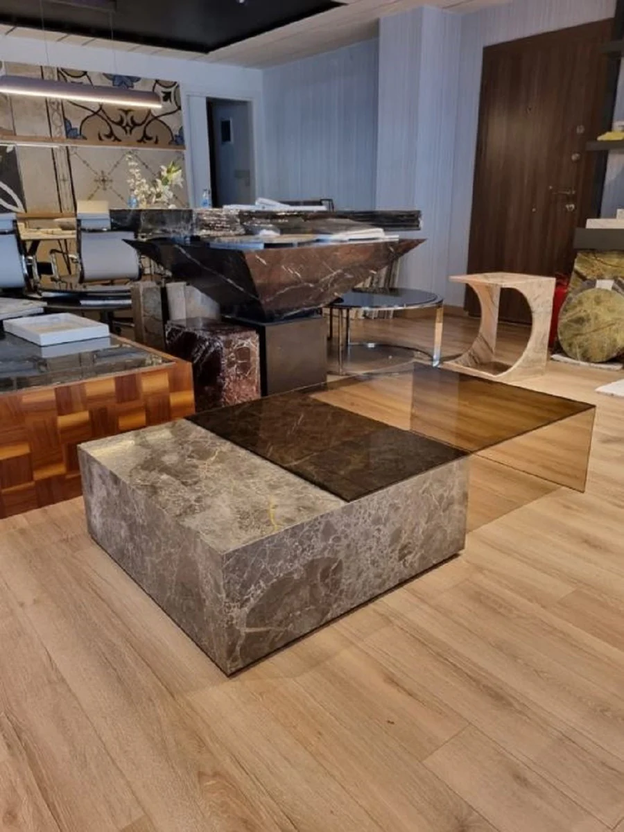 Luxus Marmor Couchtisch mit Glasplatte Grau 150 cm