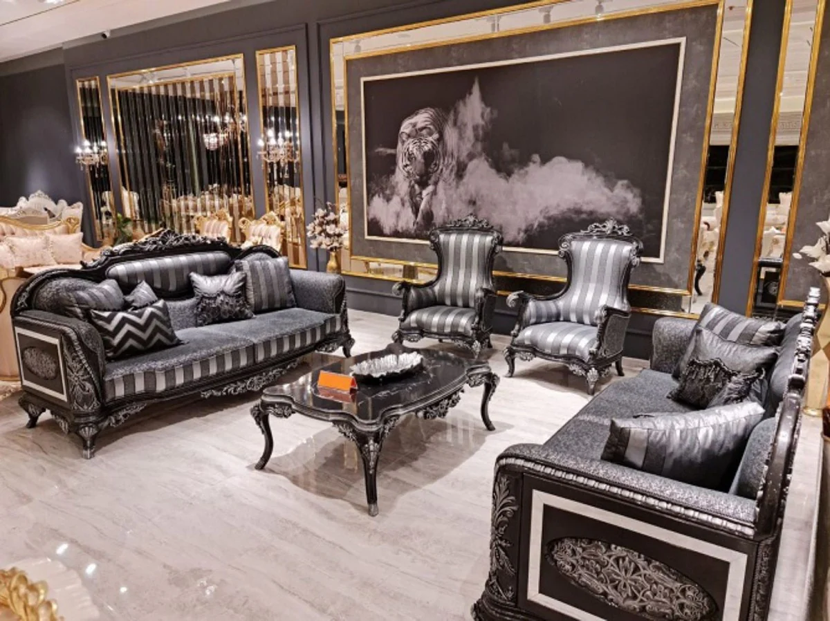 Luxus Barock Couchtisch Schwarz / Silber - Handgefertigter Massivholz Wohnzimmertisch im Barockstil - Prunkvolle Barock Wohnzimmer Möbel