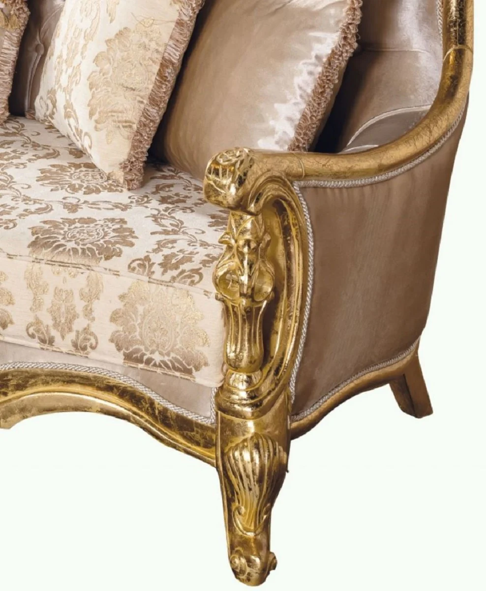 Luxus Barock Sofa Beige / Gold - Prunkvolles Wohnzimmer Sofa mit Muster - Barock Wohnzimmer Möbel - Edel & Prunkvoll