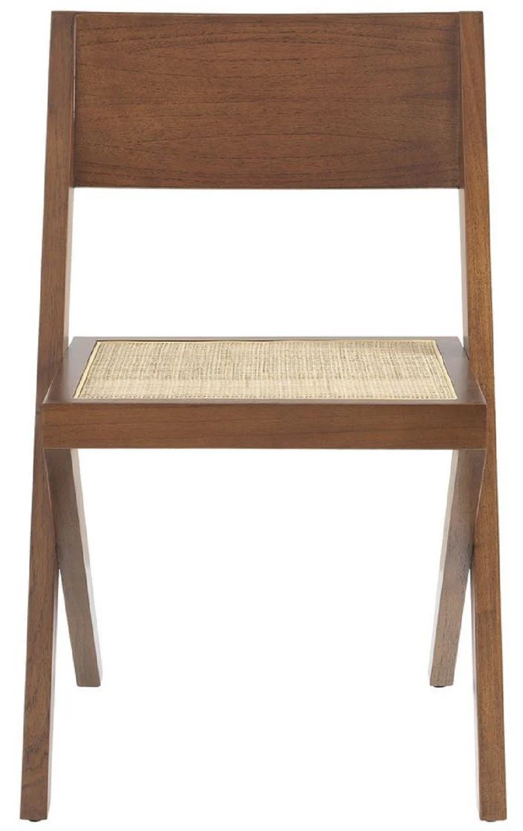 Luxus Esszimmerstuhl Braun / Naturfarben 53 x 56 x H. 85 cm - Massivholz Stuhl mit Rattangeflecht - Luxus Esszimmer Möbel