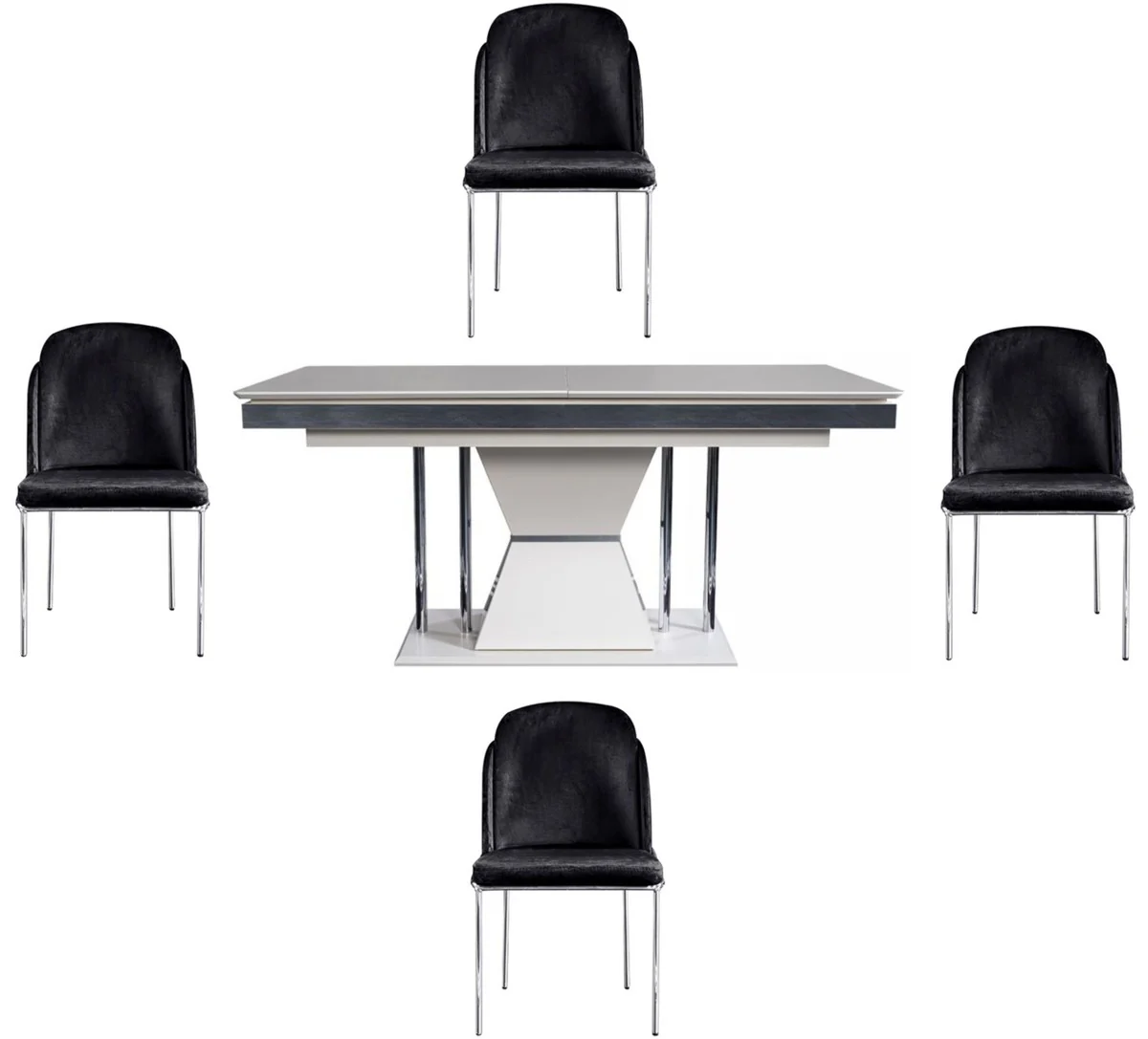 Luxus Art Deco Esszimmer Set Schwarz / Weiß / Grau / Silber - 1 Esszimmertisch & 4 Esszimmerstühle - Edle Art Deco Esszimmer Möbel