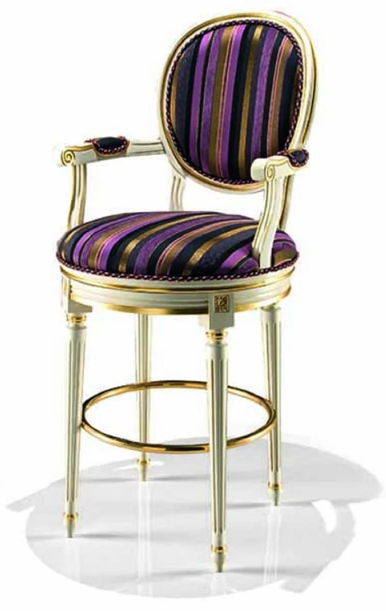 Luxus Barock Barstuhl mit Armlehnen Mehrfarbig / Elfenbein / Gold - Made in Italy