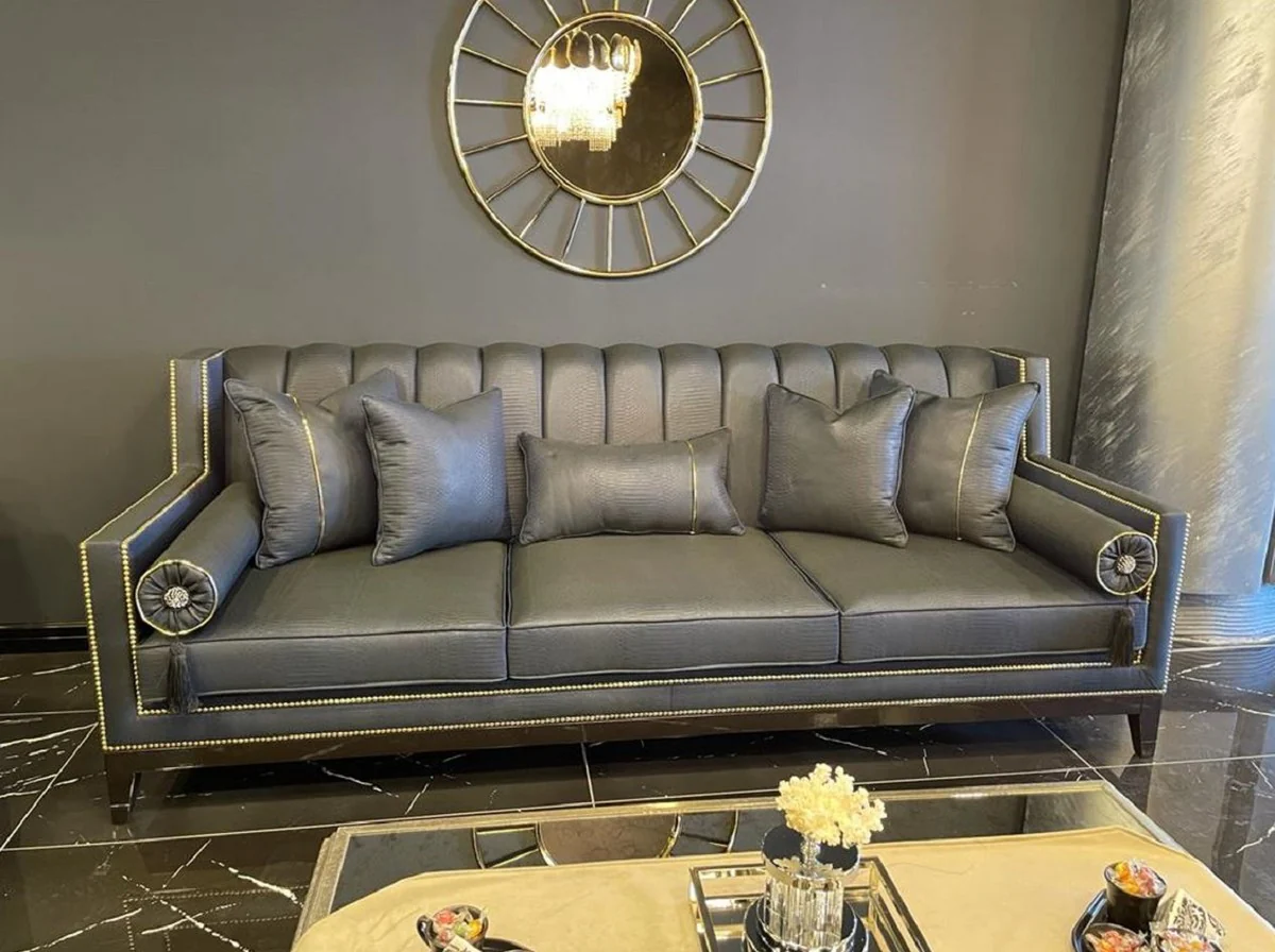 Luxus Art Deco Sofa Grau / Schwarz - Handgefertigtes Massivholz Wohnzimmer Sofa - Luxus Art Deco Wohnzimmer Möbel