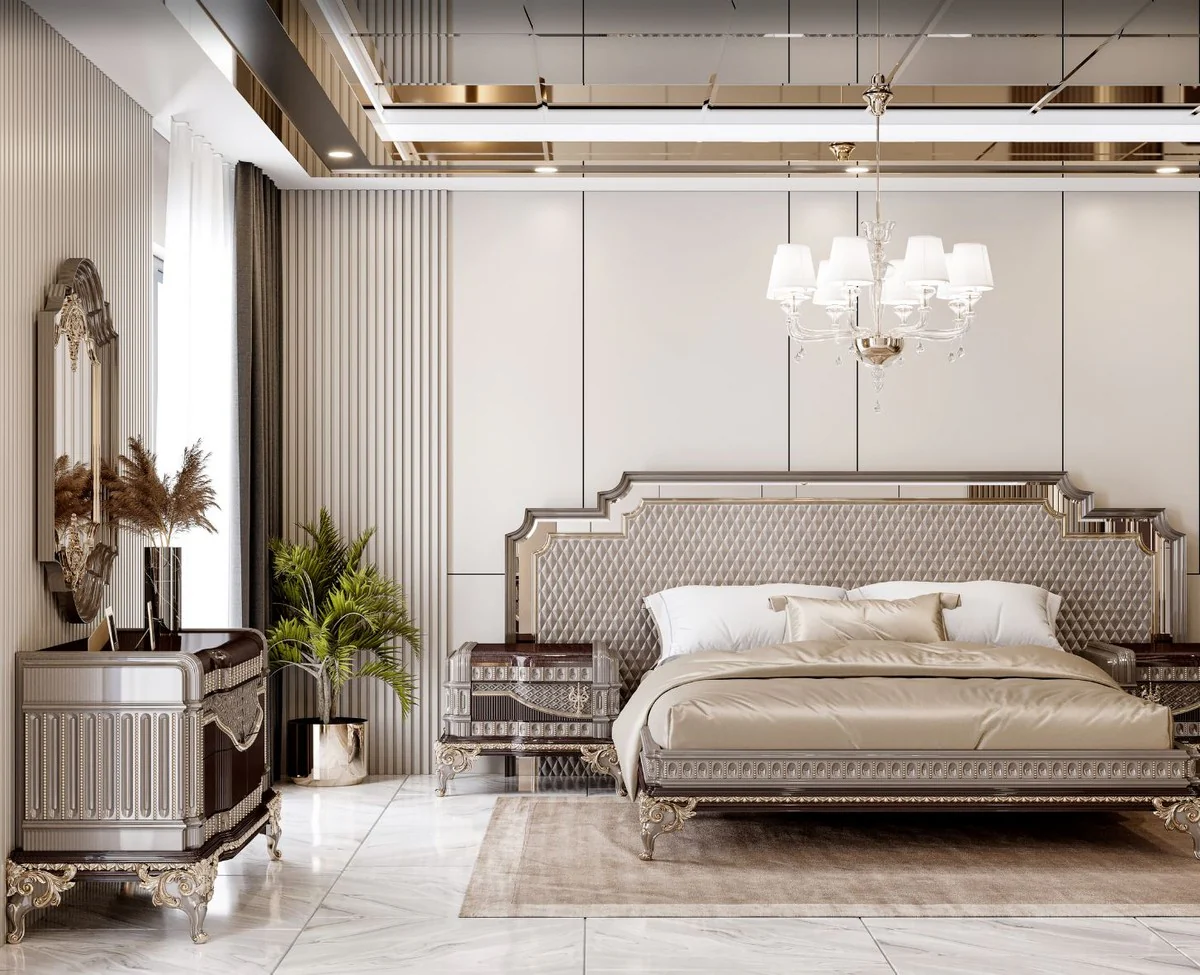 Luxus Barock Doppelbett und 2 Nachtkommoden Grau / Dunkelbraun / Gold