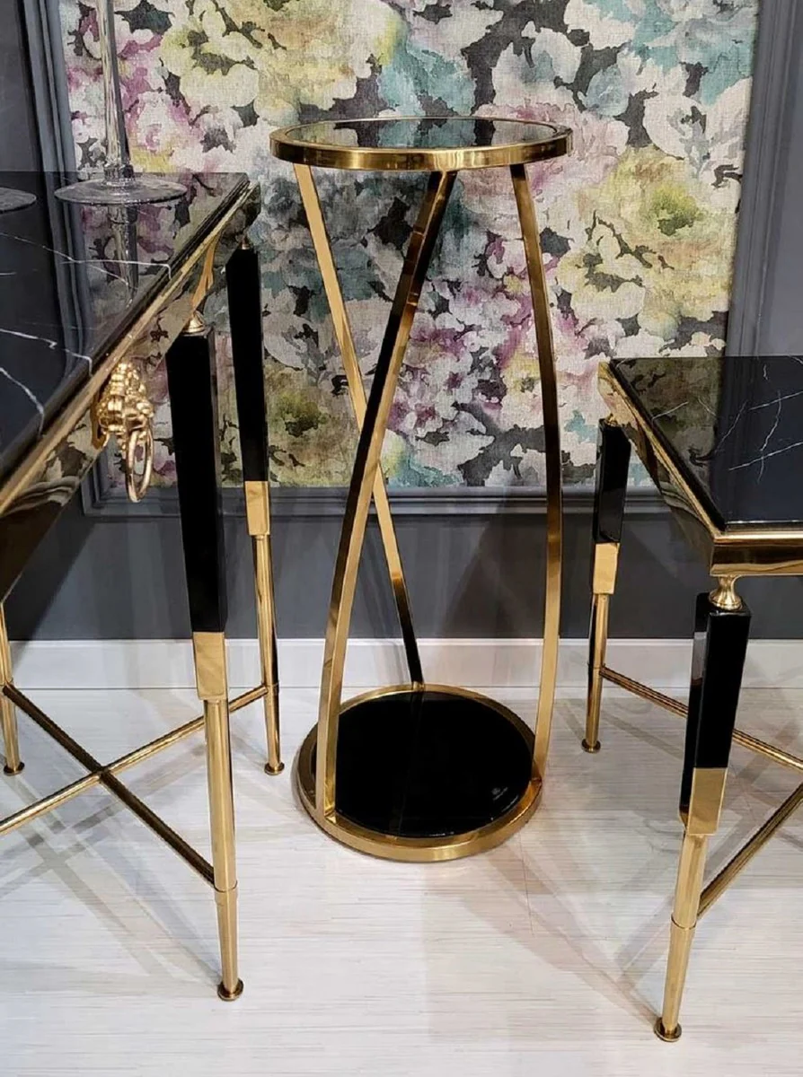 Luxus Beistelltisch Gold / Schwarz Ø 35 x H. 90 cm - Runder Edelstahl Blumentisch mit getönten Glasplatten - Wohnzimmer Möbel - Luxus Möbel