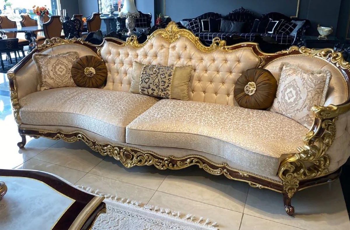 Luxus Barock Sofa Silber / Braun / Gold - Prunkvolles Barockstil Wohnzimmer Sofa - Barock Möbel