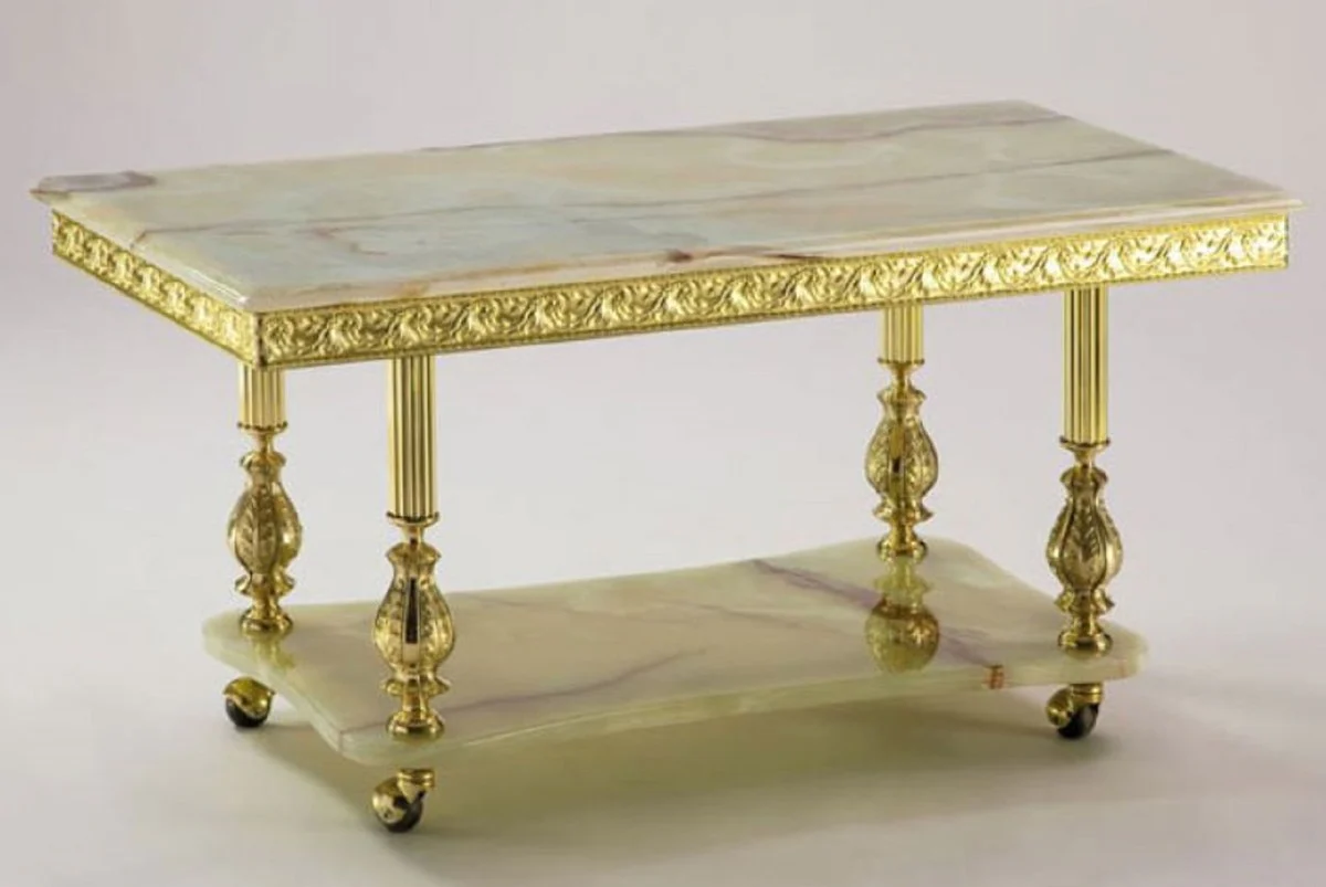 Luxus Barock Couchtisch Creme / Gold 100 x 50 x H. 43 cm - Rechteckiger Barockstil Wohnzimmertisch mit Onyx Kunststein Tischplatten und Rollen - Barock Möbel - Made in Italy