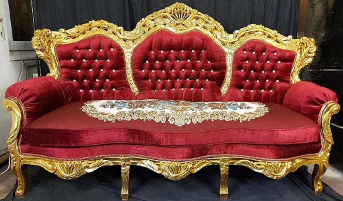 Barock Wohnzimmer Set Bordeauxrot / Mehrfarbig / Gold - 1 Barock Sofa & 2 Barock Sessel - Wohnzimmer Möbel im Barockstil - Barock Möbel - Barock Wohnzimmer Einrichtung
