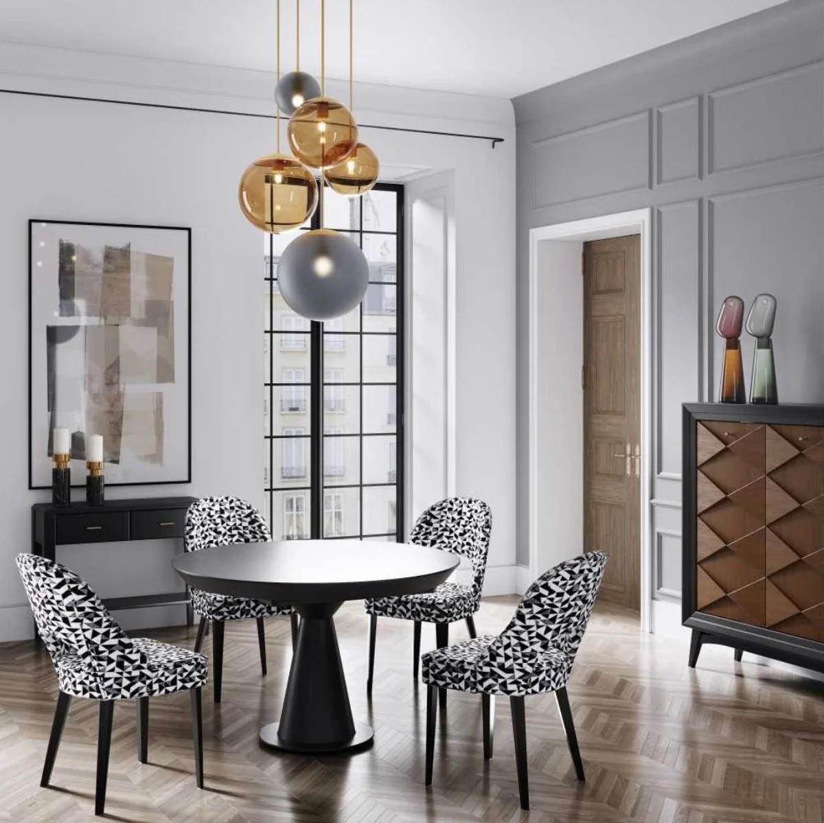 Luxus Art Deco Esszimmerstuhl 4er Set Weiß / Grau / Schwarz 49 x 61 x H. 89 cm - Elegante Küchenstühle mit Muster - Esszimmer Möbel - Luxus Möbel - Art Deco Möbel - Luxus Einrichtung