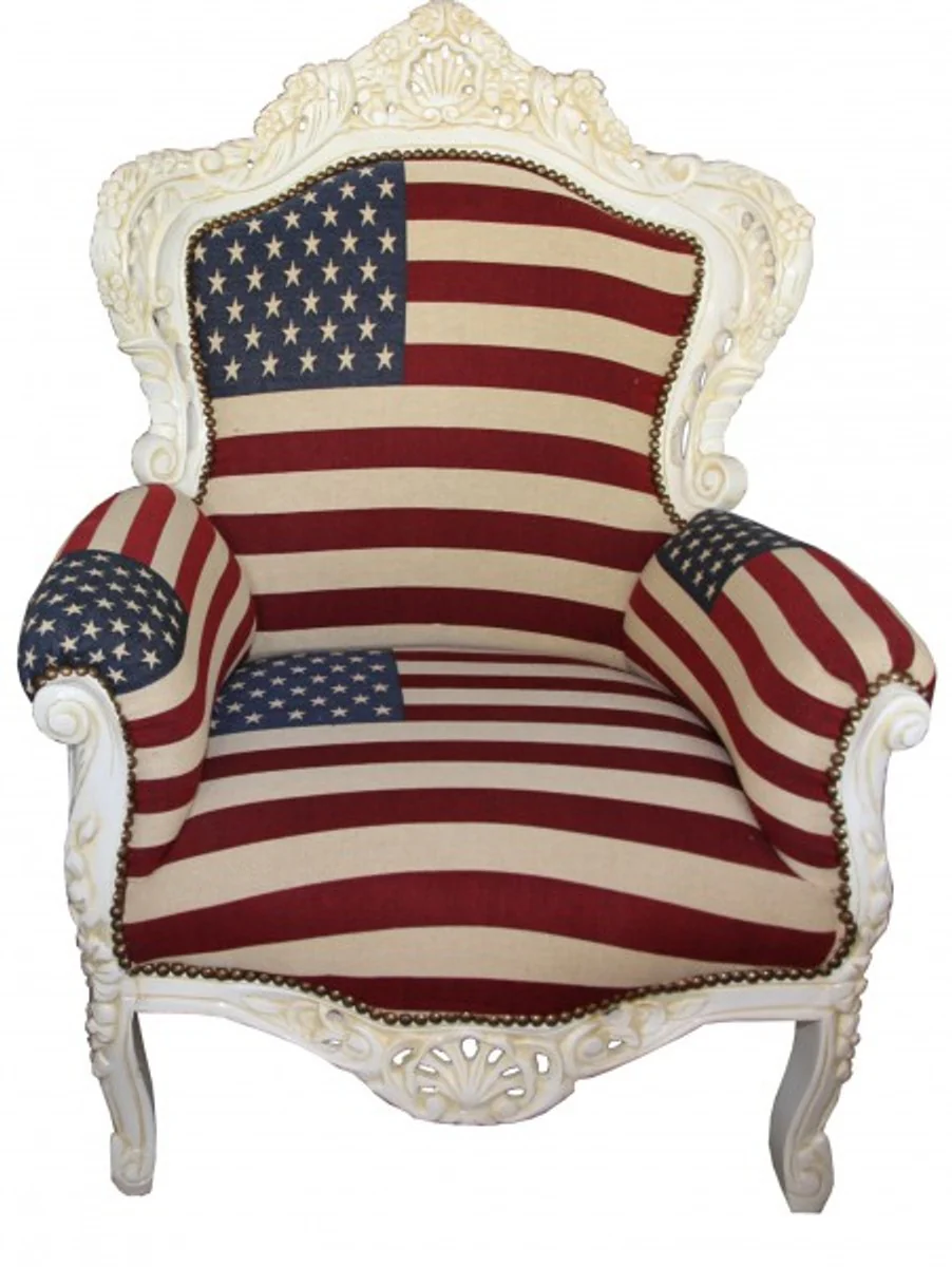 Barock Sessel King USA Design/ Creme Möbel Antik Stil- USA Flagge