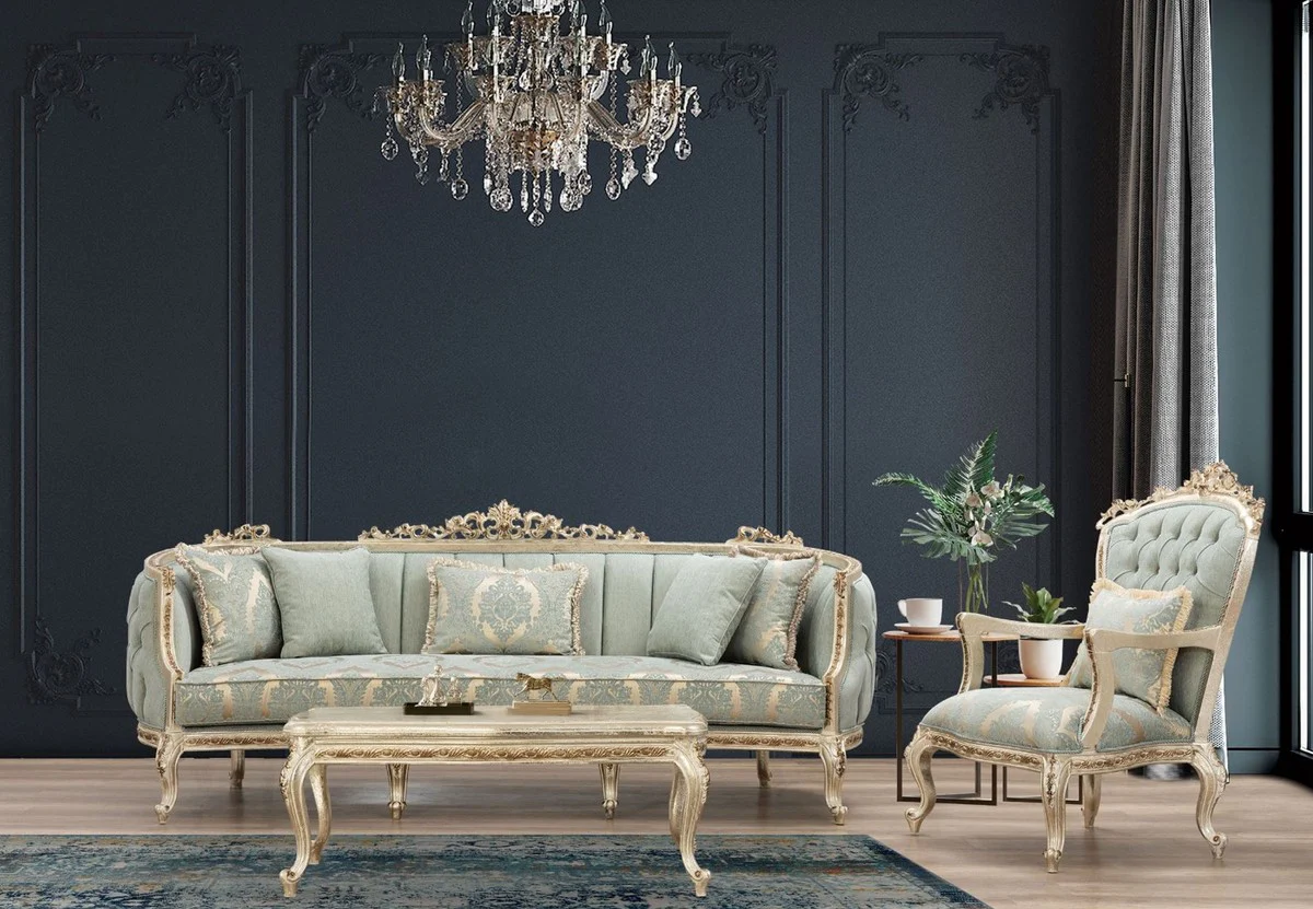 Luxus Barock Sofa Grün / Antik Gold - Prunkvolles Wohnzimmer Sofa mit elegantem Muster - Barock Wohnzimmer Möbel
