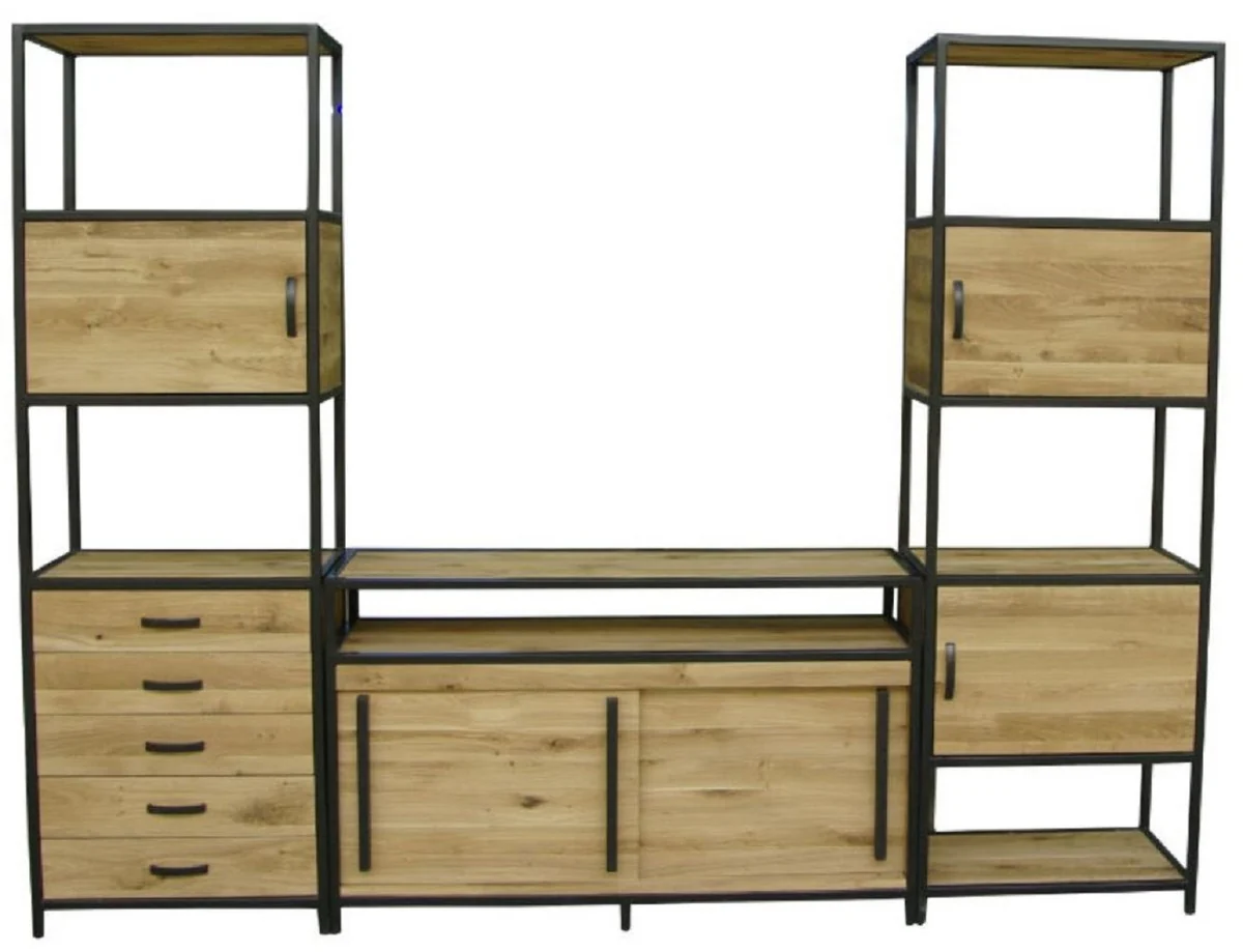 Luxus TV Schrank Naturfarben / Schwarz 300 x 45 x H. 212,5 cm - 3 teiliger Wohnzimmer Schrank - Wohnzimmer Möbel - Luxus Möbel