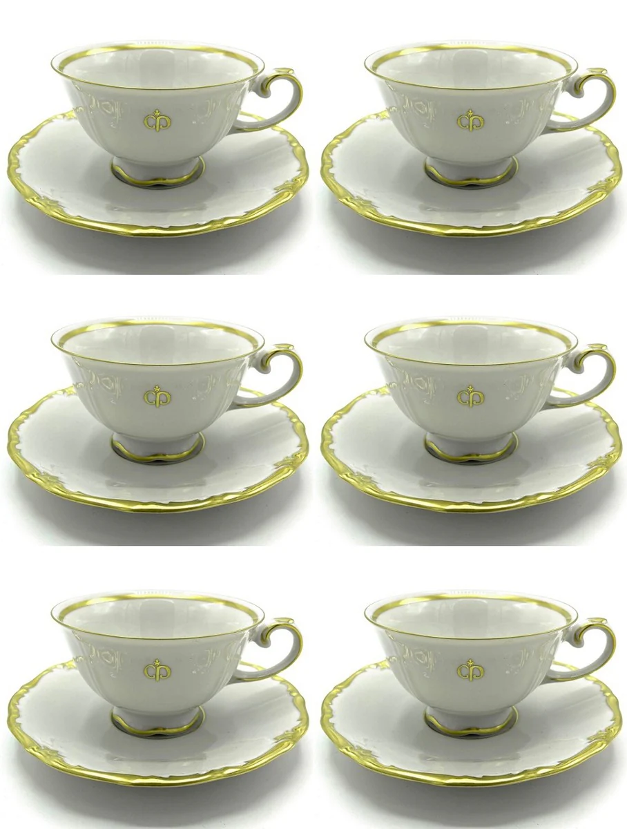Luxus Barock Kaffeetassen 6er Set Weiß / Gold - Edles Reichenbach Porzellan - Made in Germany