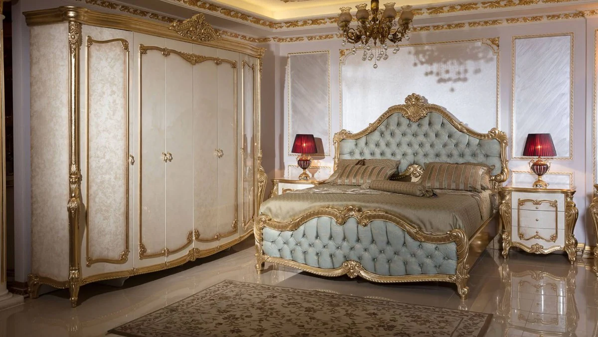 Luxus Barock Schlafzimmerschrank Weiß / Beige / Gold - Prunkvoller Massivholz Kleiderschrank im Barockstil - Barock Schlafzimmer Möbel - Edel & Prunkvoll