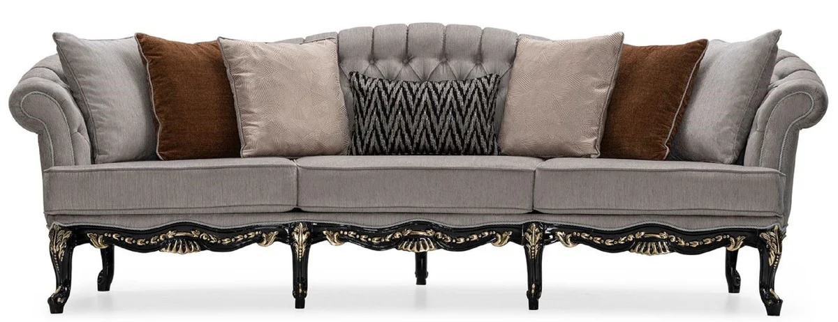 Luxus Barock Wohnzimmer Sofa Grau / Schwarz / Gold - Handgefertigtes Barockstil Sofa mit dekorativen Kissen - Luxus Wohnzimmer Möbel im Barockstil - Barock Möbel - Edel & Prunkvoll