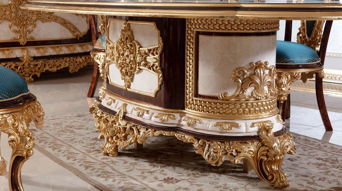 Luxus Barock Esstisch Weiß / Braun / Gold - Prunkvoller Massivholz Esszimmertisch im Barockstil - Barock Esszimmer Möbel - Edel & Prunkvoll