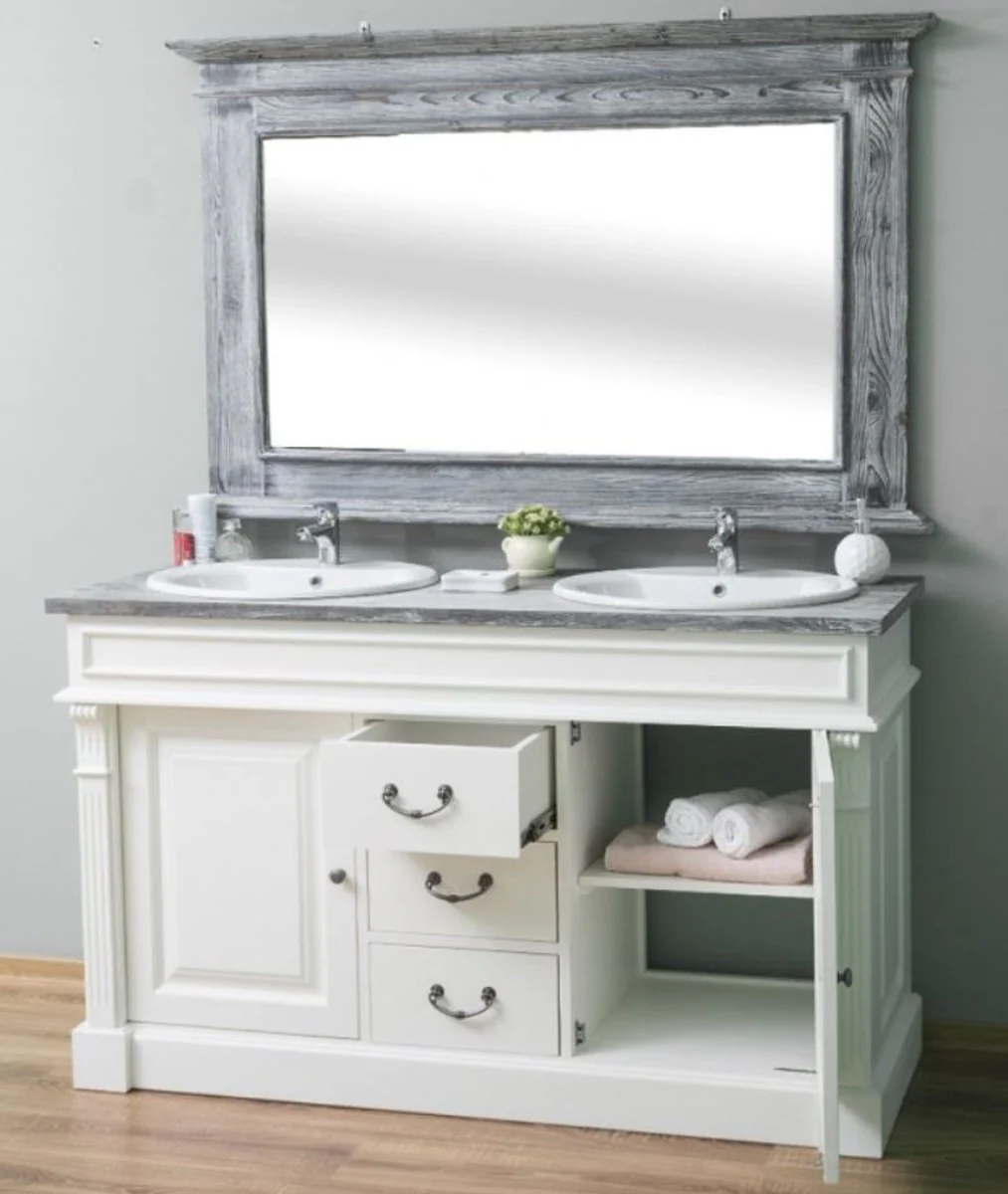 Landhausstil Badezimmer Set Weiß / Grau - 1 Doppelwaschtisch & 1 Wandspiegel - Massivholz Badezimmermöbel im Landhausstil