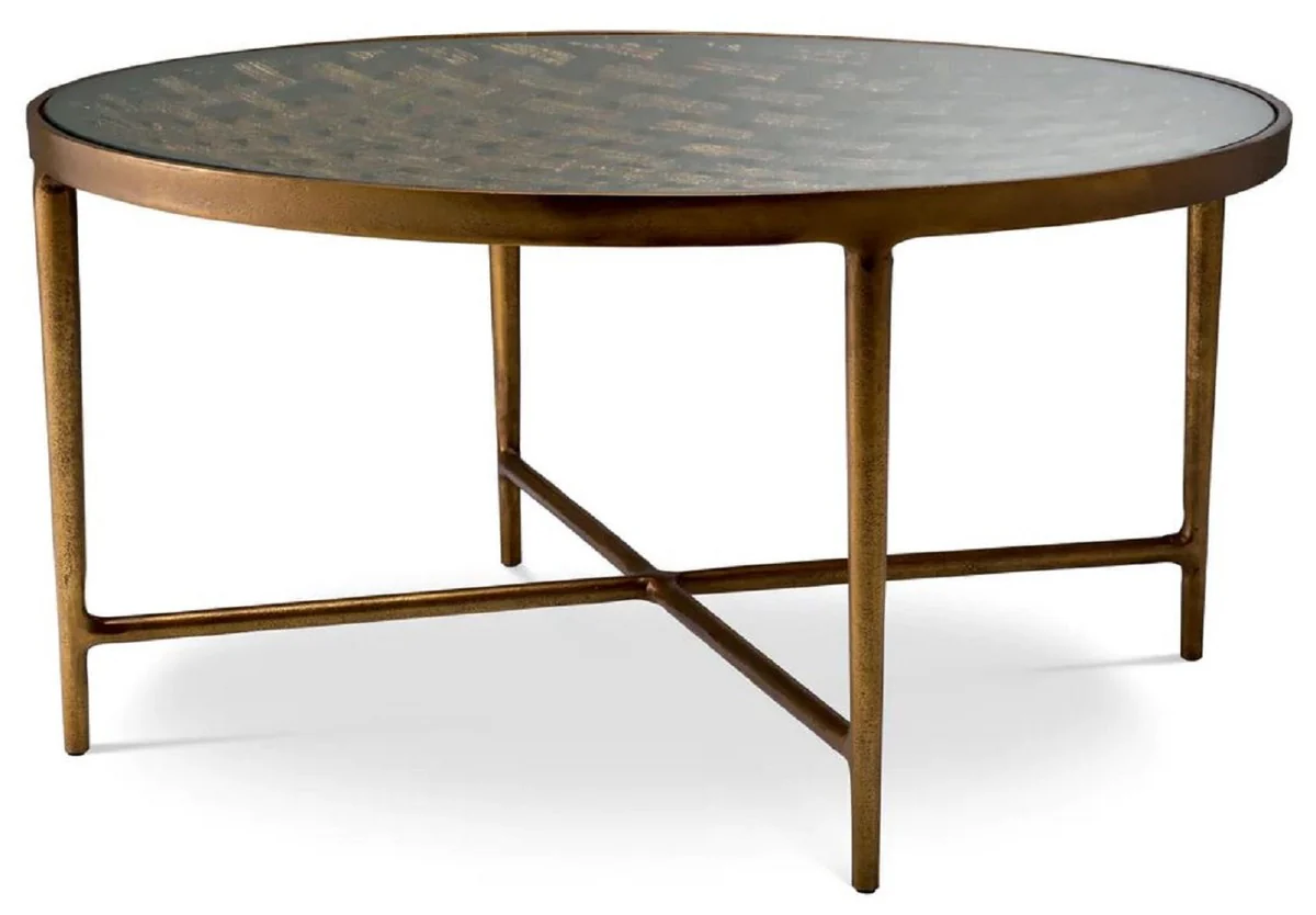 Luxus Couchtisch Antik Messing Ø 90 x H. 44,5 cm - Runder Aluminium Wohnzimmertisch mit Glasplatte - Luxus Möbel - Wohnzimmer Möbel - Luxus Einrichtung