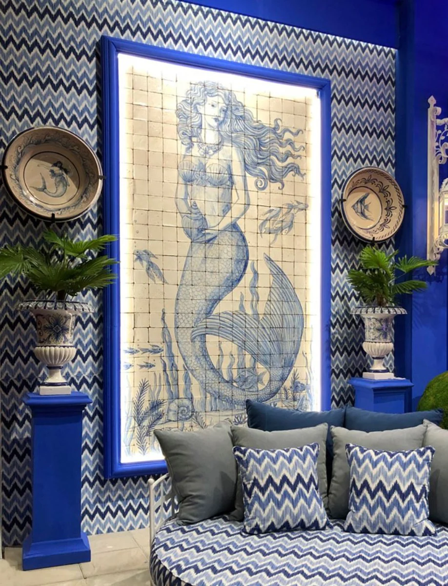 Luxus Barock Wandgemälde Meerjungfrau Creme / Blau H. 280 cm - Barock Wanddeko