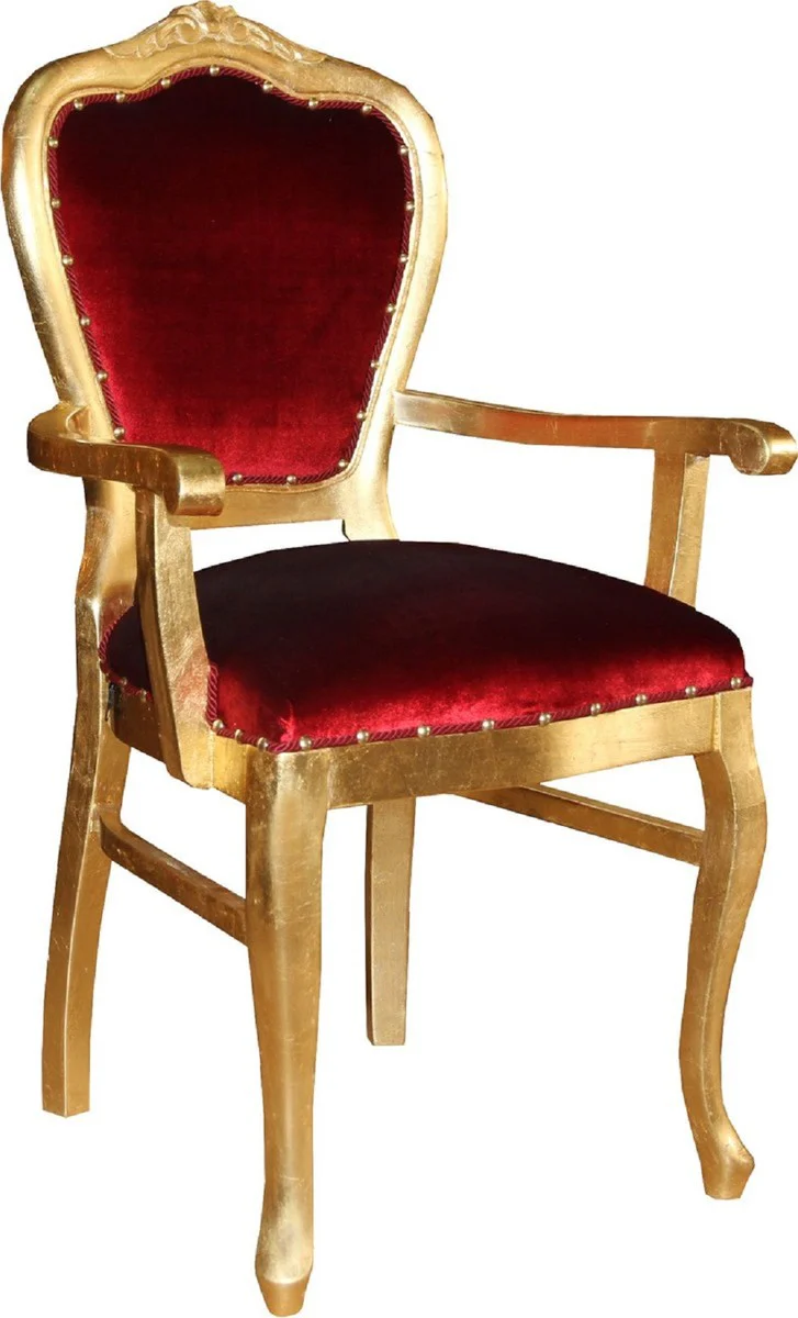 Luxus Barock Esszimmer Set Bordeauxrot / Gold 60 x 47 x H. 99 cm - 4 handgefertigte Esszimmerstühle mit Armlehnen - Barock Esszimmermöbel