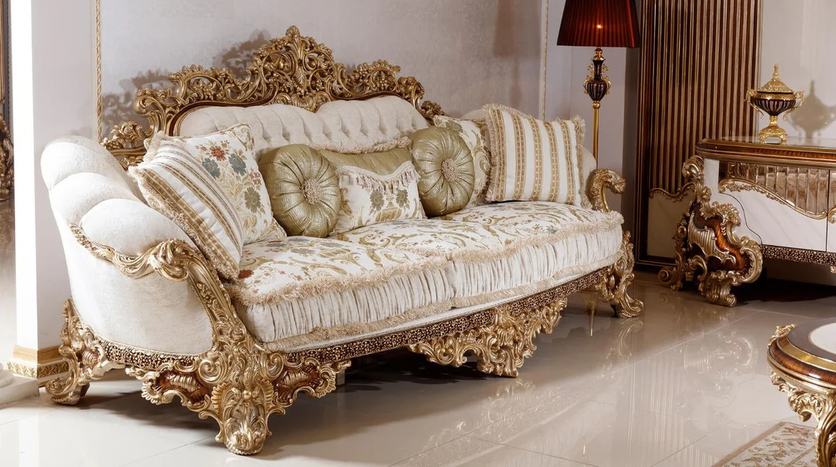 Luxus Barock Sofa Weiß / Mehrfarbig / Braun / Gold - Prunkvolles Wohnzimmer Sofa mit elegantem Muster - Barock Wohnzimmer & Hotel Möbel - Edel & Prunkvoll