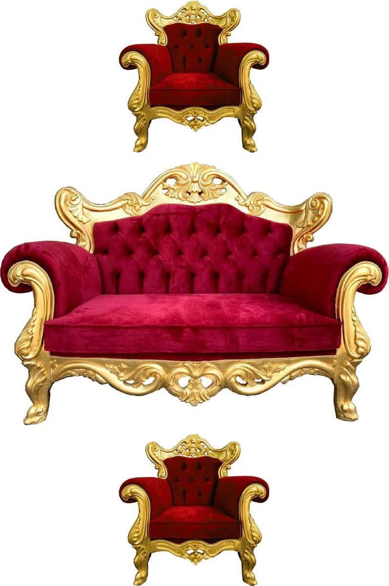 Luxus Barock Wohnzimmer Set Bordeauxrot / Gold - 1 Barock Sofa & 2 Barock Sessel - Wohnzimmer Möbel im Barockstil - Edel & Prunkvoll