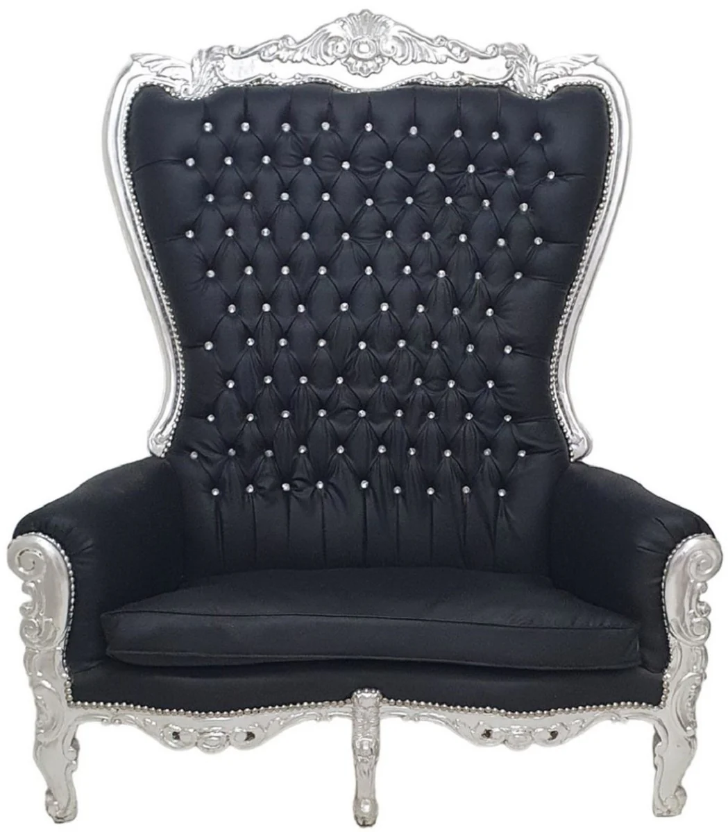 Barock Hochlehn 2er Sofa Schwarz / Silber - Prunkvolles Barockstil Sofa mit Glitzersteinen - Wohnzimmer Möbel im Barockstil - Barock Möbel - Edel & Prunkvoll