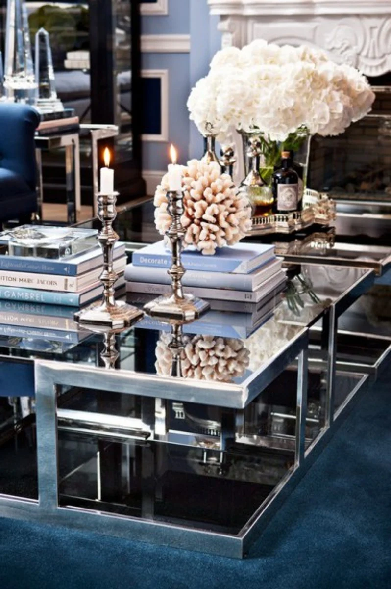 Luxus Art Deco Designer Couchtisch Edelstahl poliert mit Rauchglas 100 x 100 cm - Luxus Kollektion