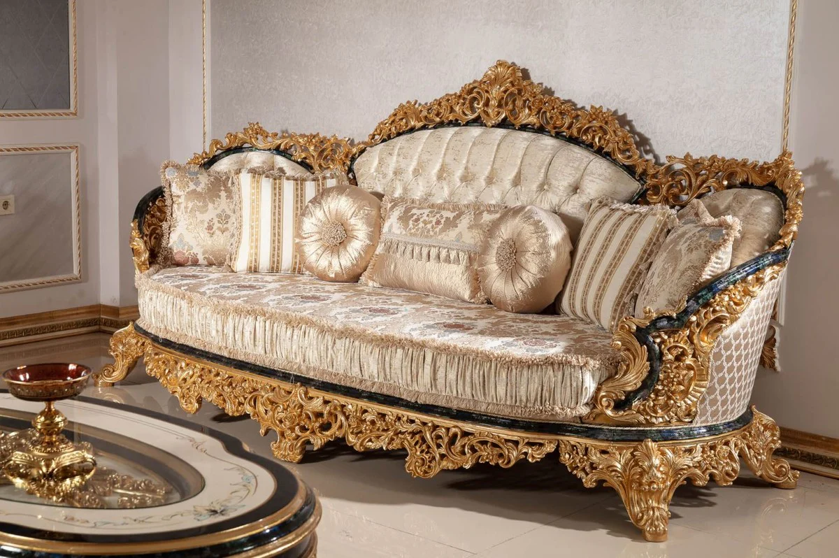 Luxus Barock Sofa Gold / Mehrfarbig / Blau / Gold - Prunkvolles Wohnzimmer Sofa mit elegantem Muster - Barock Wohnzimmer Möbel - Edel & Prunkvoll