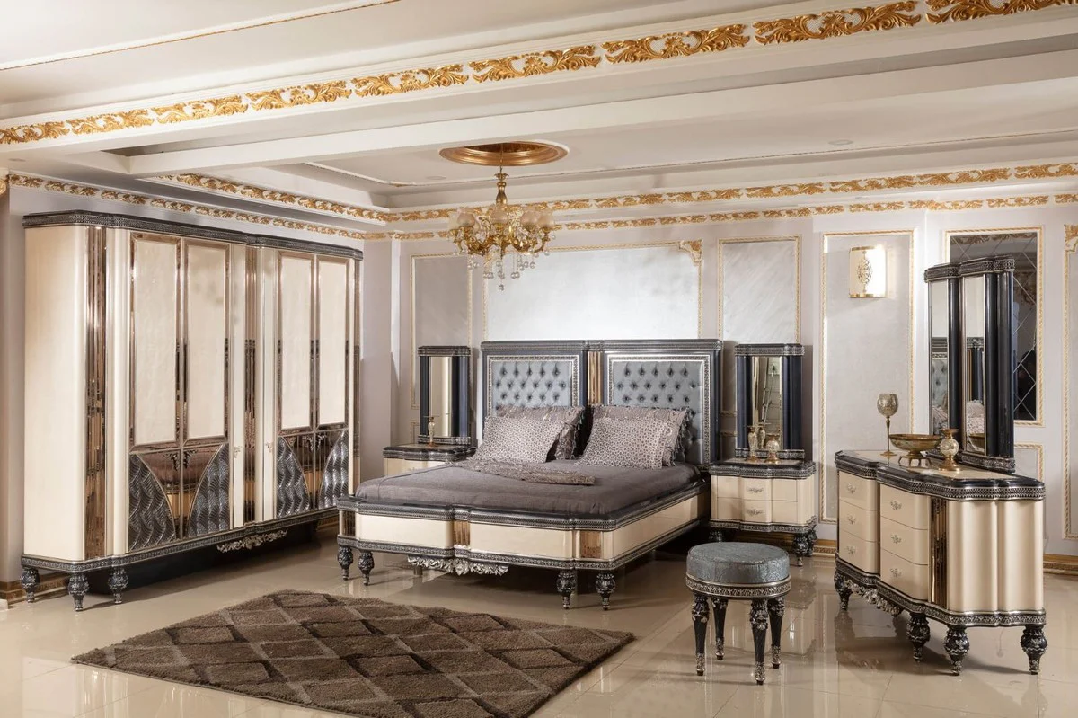 Luxus Barock Schlafzimmerschrank Beige / Schwarz / Gold - Prunkvoller Massivholz Kleiderschrank im Barockstil - Barock Schlafzimmer & Hotel Möbel - Edel & Prunkvoll