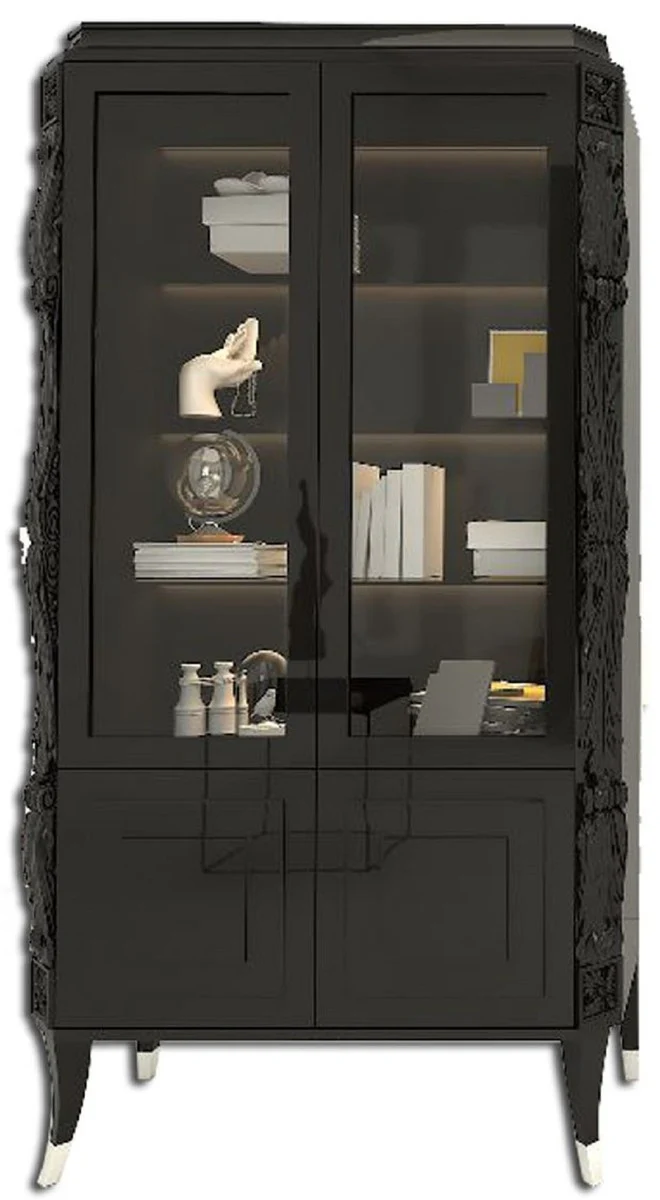 Luxus Art Deco Vitrine Schwarz / Silber - Handgefertigter Massivholz Vitrinenschrank - Art Deco Wohnzimmer Möbel