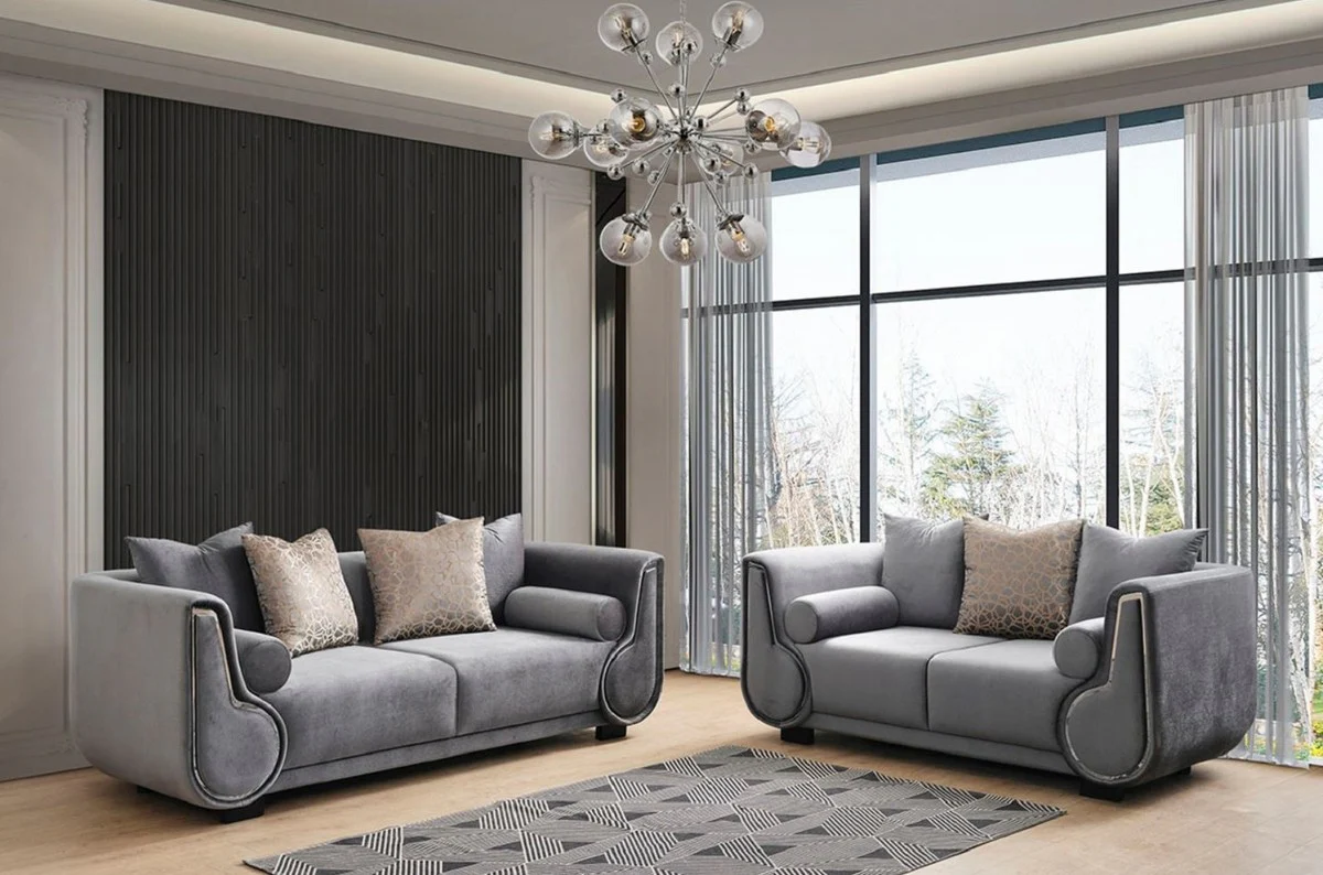 Luxus 3er Sofa Grau / Silber / Schwarz - Elegantes Wohnzimmer Sofa - Luxus Wohnzimmer Möbel - Luxus Kollektion