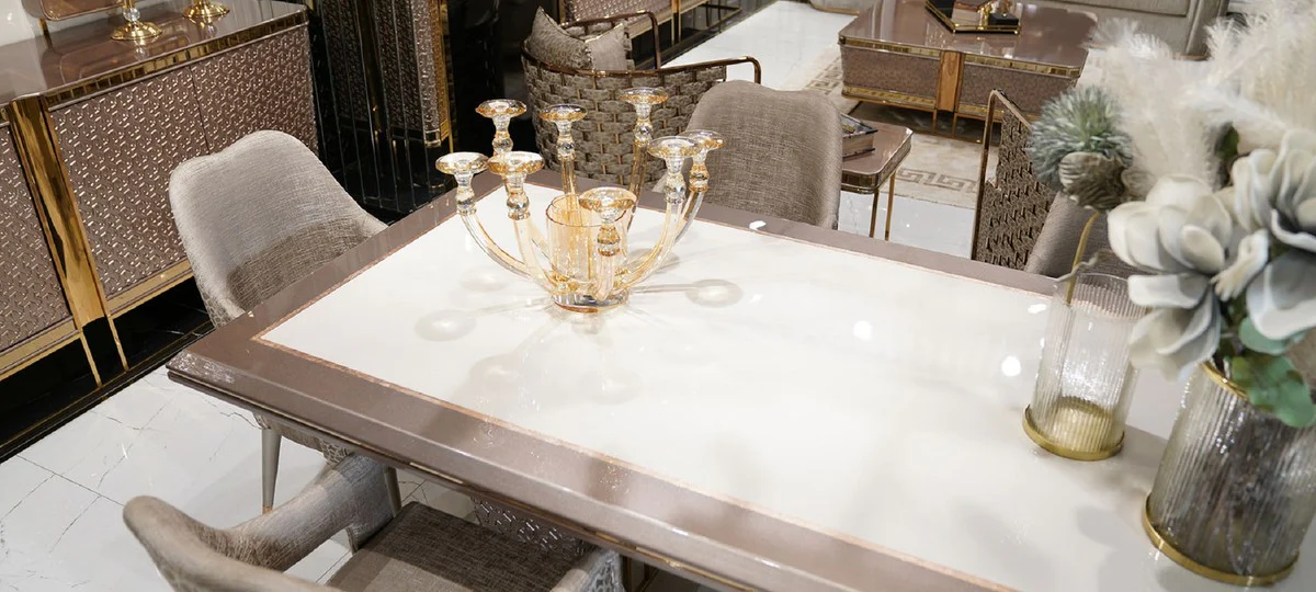 Luxus Esszimmer Set Weiß / Grau / Gold - 1 Luxus Esstisch & 6 Luxus Esszimmerstühle - Luxus Esszimmer Möbel