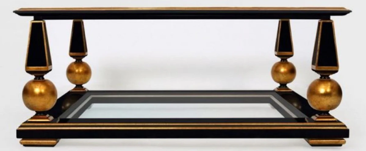 Luxus Barock Couchtisch Schwarz / Antik Gold 113 x 113 x H. 47 cm - Prunkvoller Massivholz Wohnzimmertisch mit Glasplatten - Barock Wohnzimmer Möbel
