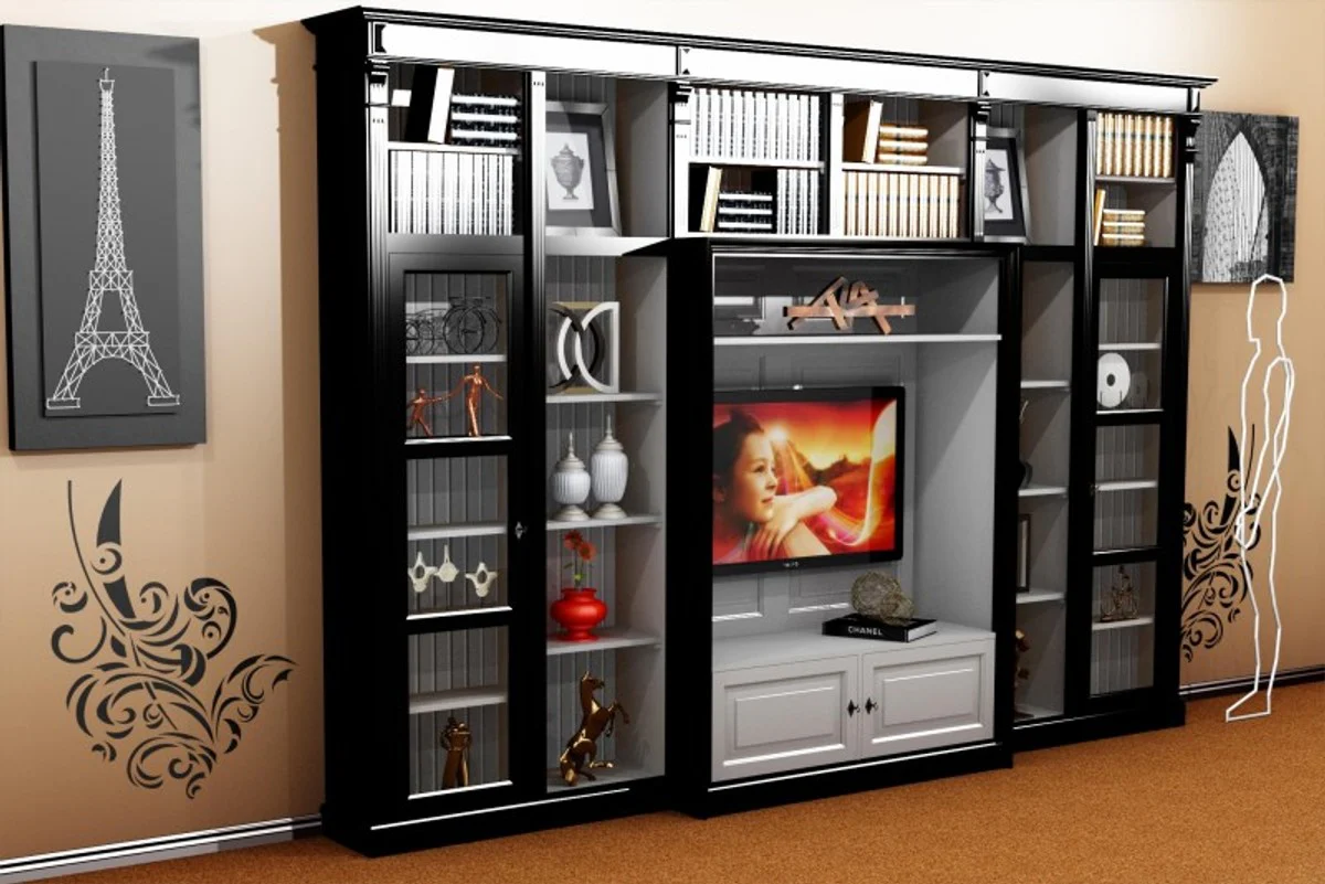 Luxus Wohnzimmer Schrankwand Schwarz / Weiß B 372 x H 255 cm Bücherregal Regal Schrank Fernseh TV - Art Deco Jugendstil Hotel Möbel