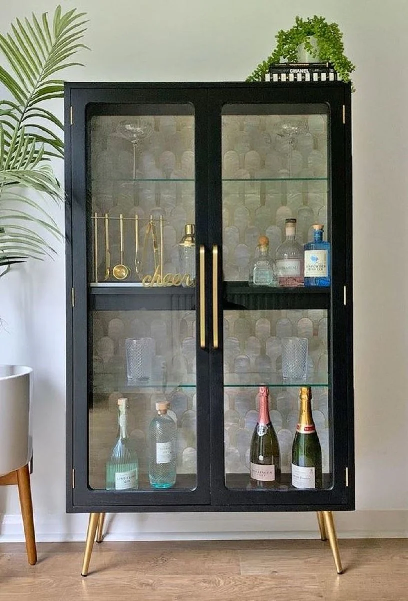 Luxus Vitrine mit LED Beleuchtung Schwarz / Gold 124 x 57 x H. 177 cm - Beleuchteter Massivholz Vitrinenschrank mit 2 Glastüren - Wohnzimmer Möbel - Luxus Möbel