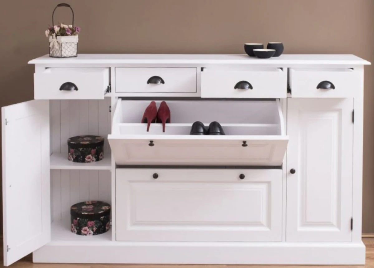 Landhausstil Massivholz Schrank Weiß 176 x 35 x H. 105 cm - Sideboard - Kommode - Schuhschrank - Dielenschrank - Landhausstil Möbel