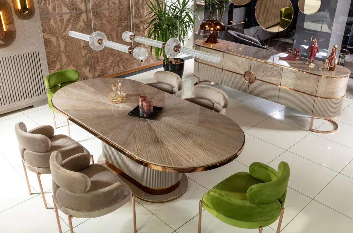 Luxus Esstisch Grau / Kupfer 220 x 105 x H. 75 cm - Ovaler Küchentisch - Esszimmer Möbel - Küchen Möbel - Luxus Möbel - Luxus Einrichtung